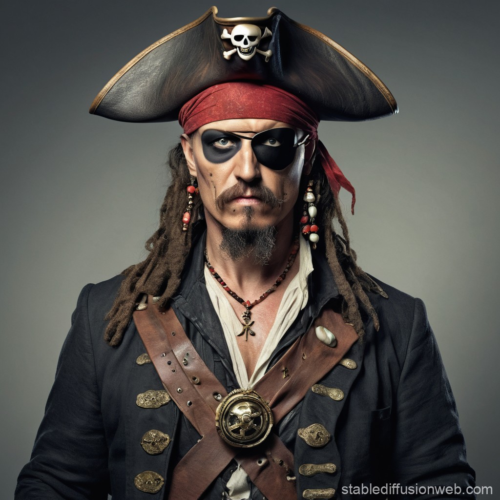 Realistic Portrait of a Fierce Pirate with Skull Hat