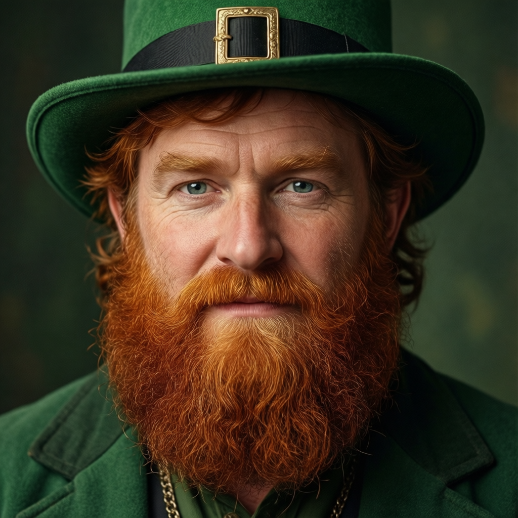 Realistic Portrait of a Red-Bearded Leprechaun in Green Hat