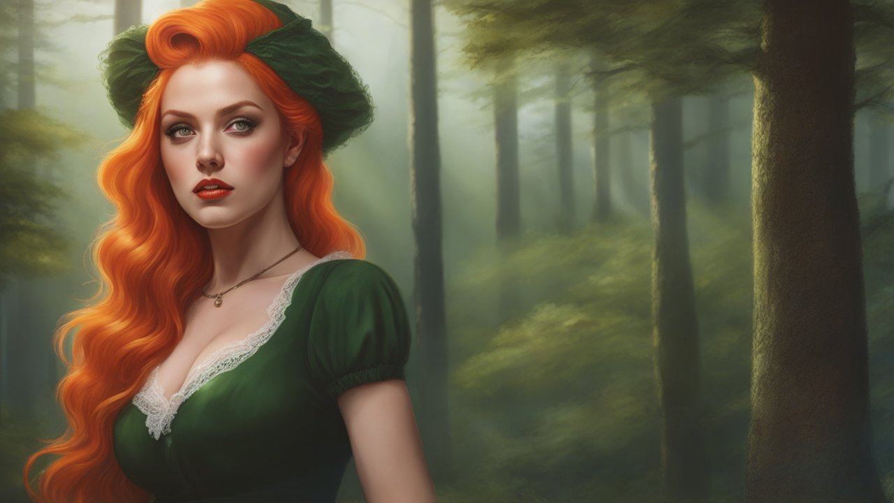 Realistic Portrait of a Red-Haired Woman in Forest
