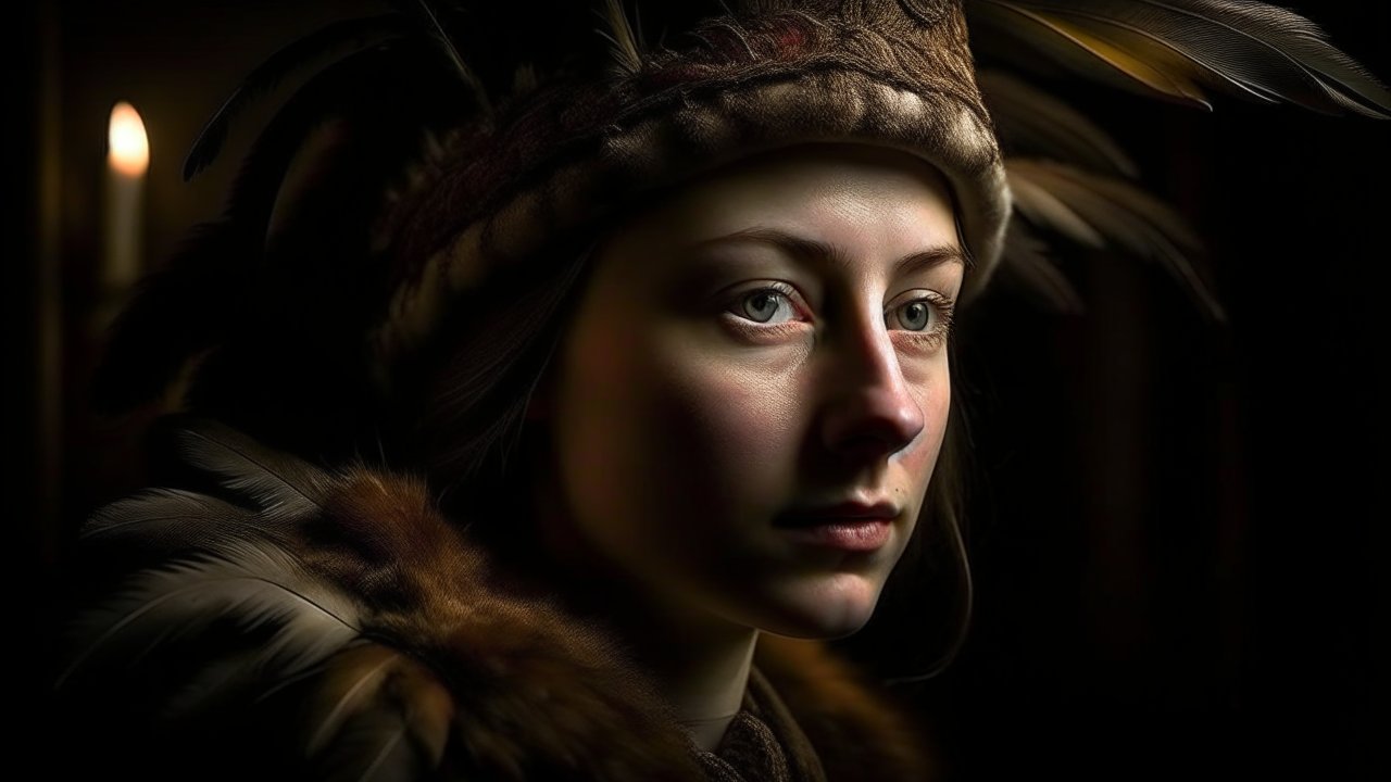 Realistic Portrait of a Woman in Feathered Headdress