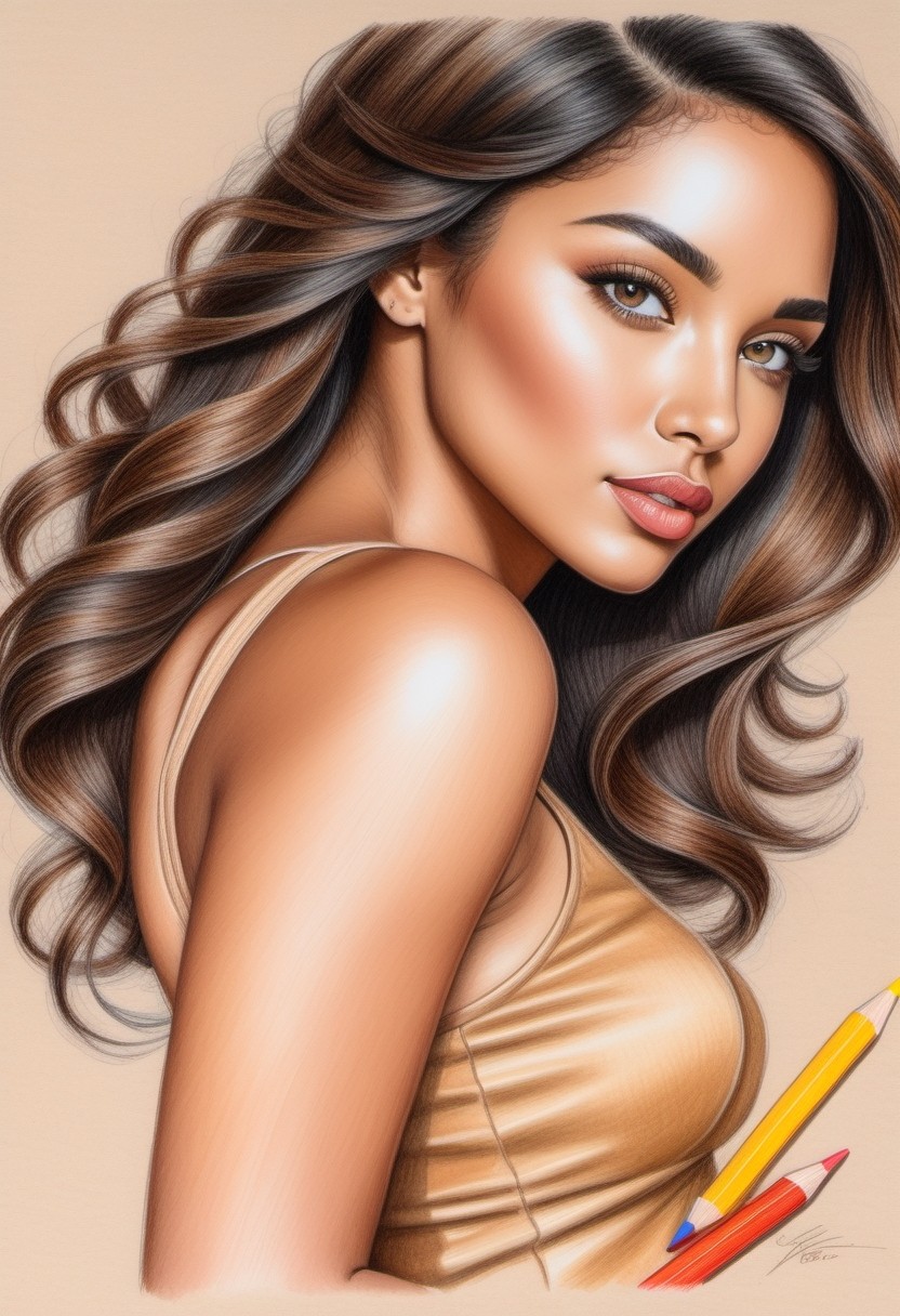 Realistic Portrait of a Woman with Flowing Hair and Colored Pencils