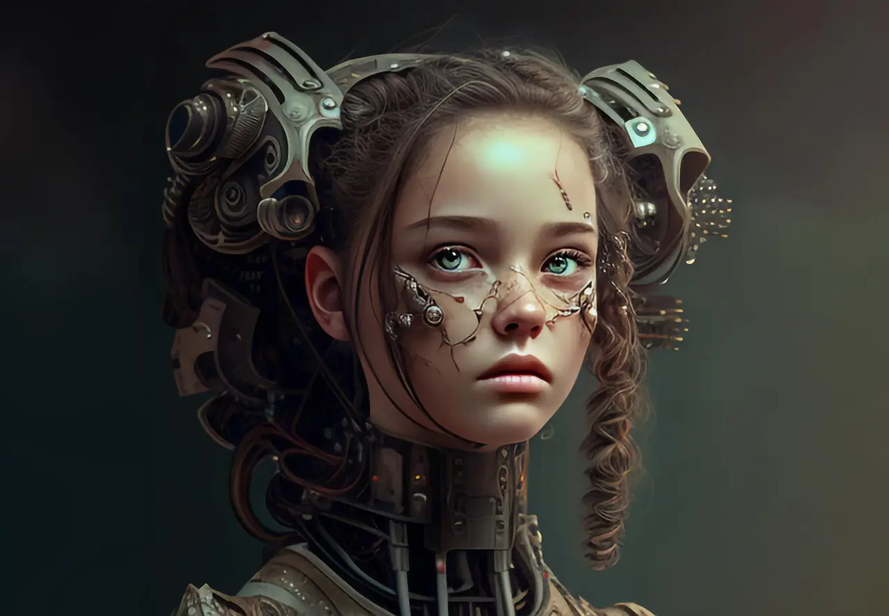 Realistic Portrait of a Young Android Woman with Mechanical Details