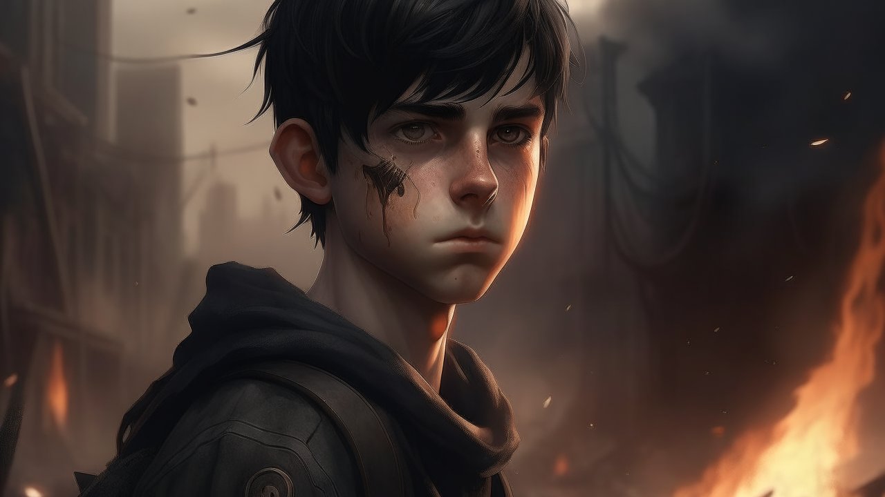 Realistic Portrait of a Young Boy in a Post-Apocalyptic Setting