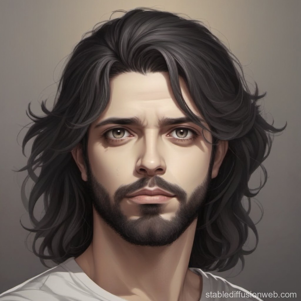 Realistic Portrait of a Young Man with Long Hair and Beard