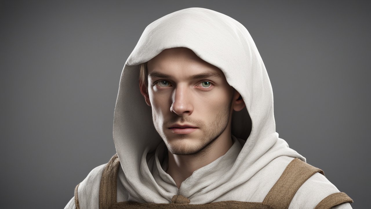 Realistic Portrait of a Young Medieval Villager in White Hood