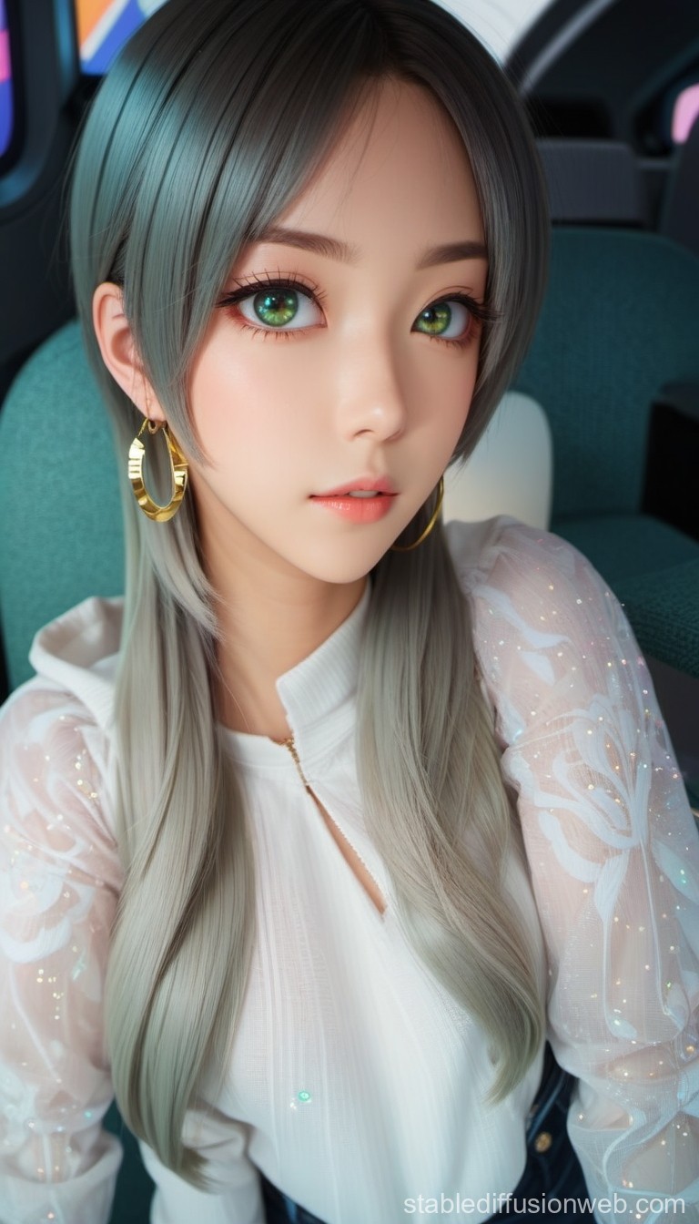 Realistic Portrait of a Young Woman with Green Eyes and Silver Hair