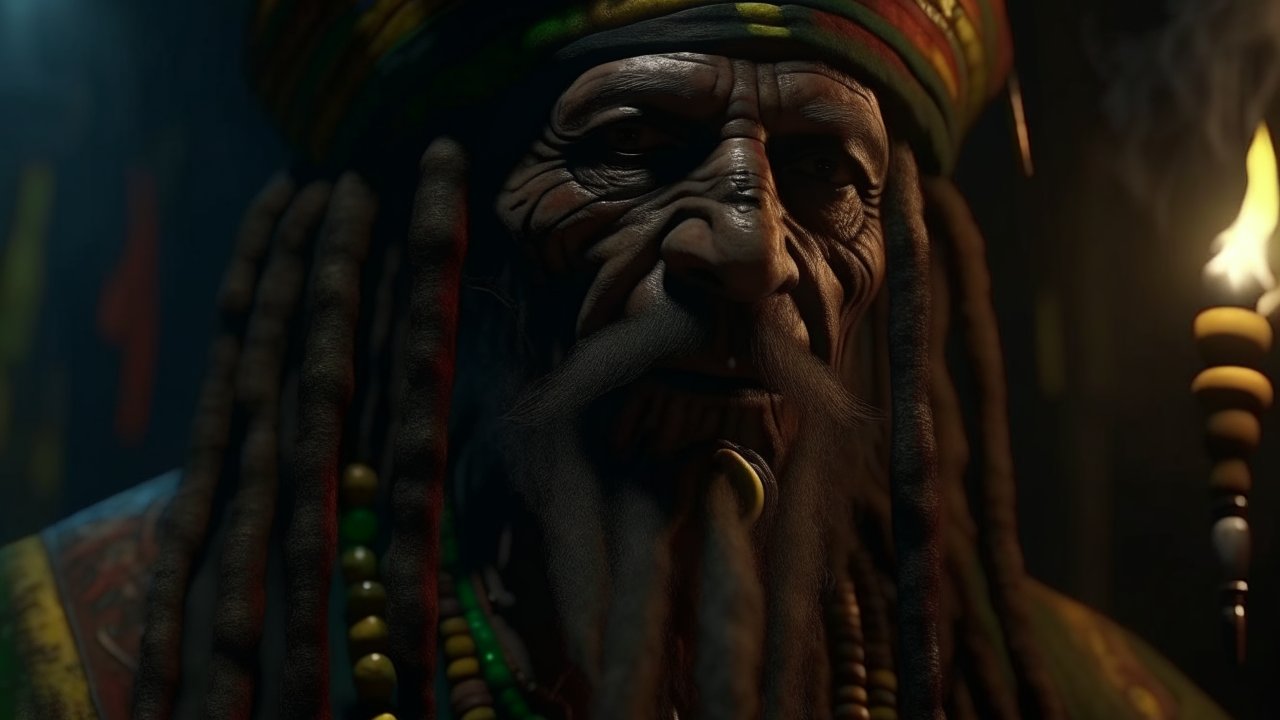 Realistic Portrait of an Elderly Man with Dreadlocks and Beads