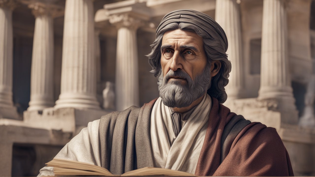 Realistic Portrait of Ancient Philosopher in Classical Setting