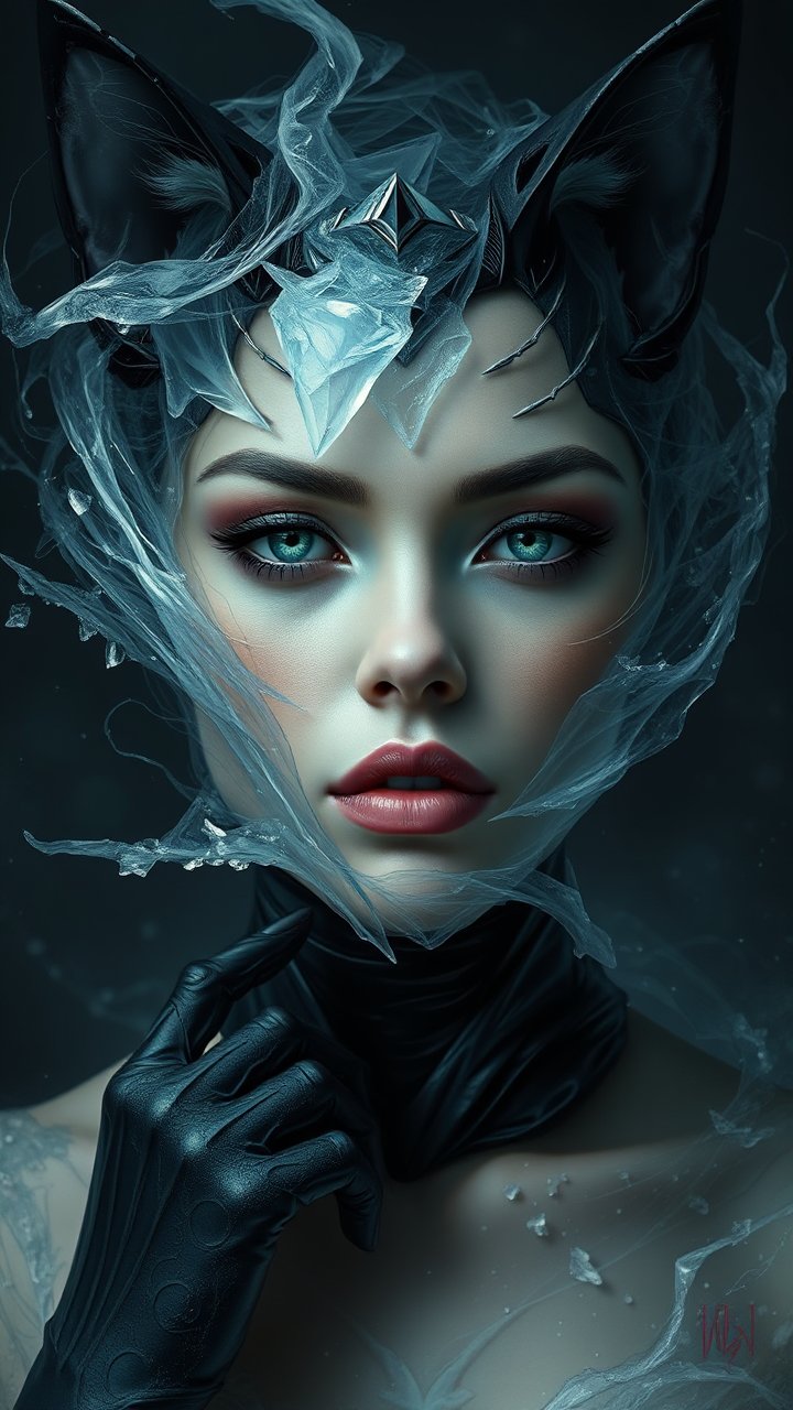 Realistic Portrait of Catwoman with Ice and Smoke Elements