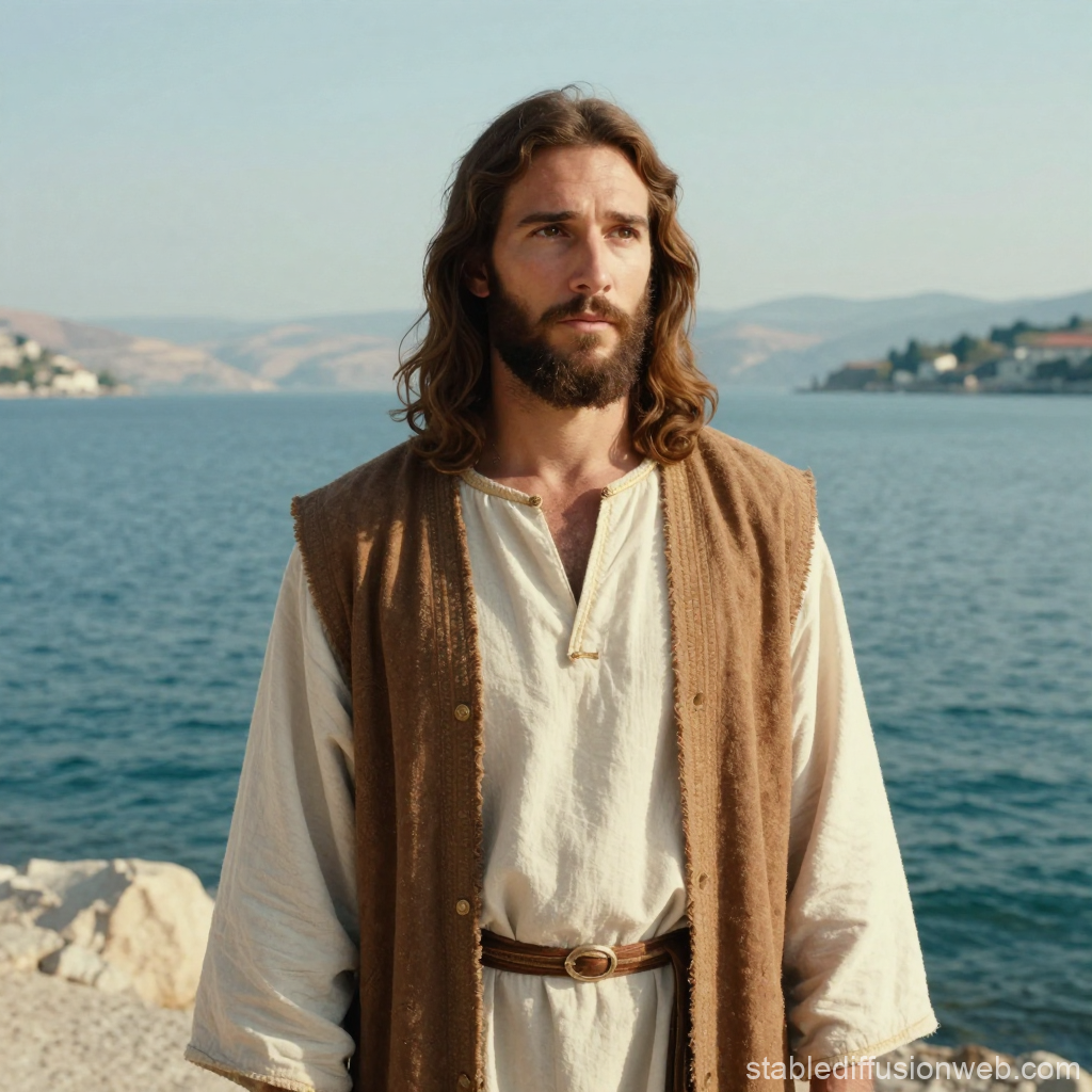 Realistic Portrait of Jesus by the Sea