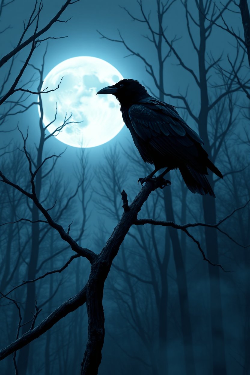 Realistic Raven Perched on Branch Under Full Moon