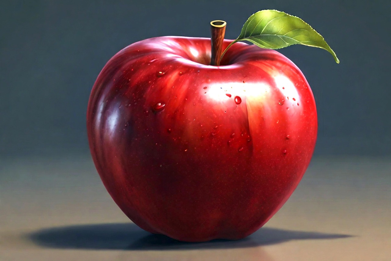 Realistic Red Apple with Water Droplets and Leaf