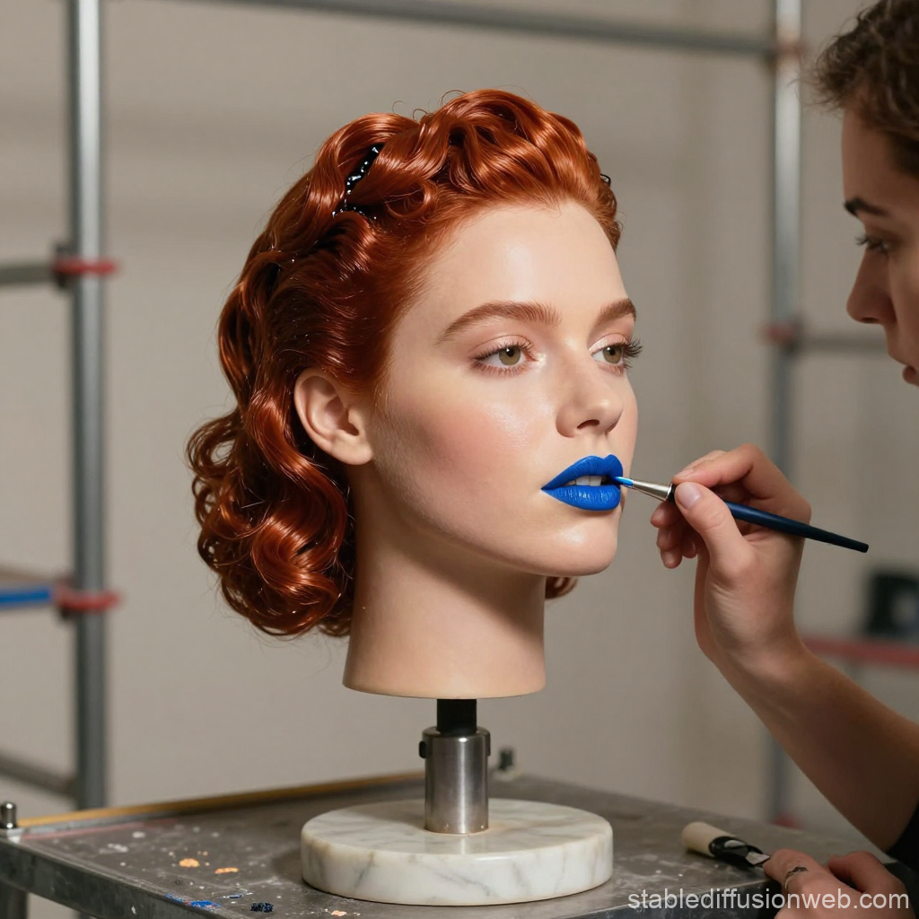 Realistic Red Curly Hair Mannequin Head with Blue Lipstick Application