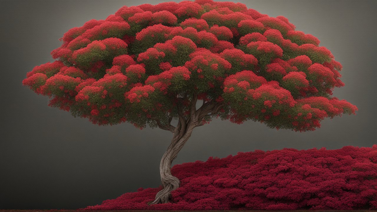 Realistic Red Flower Tree with Twisted Trunk