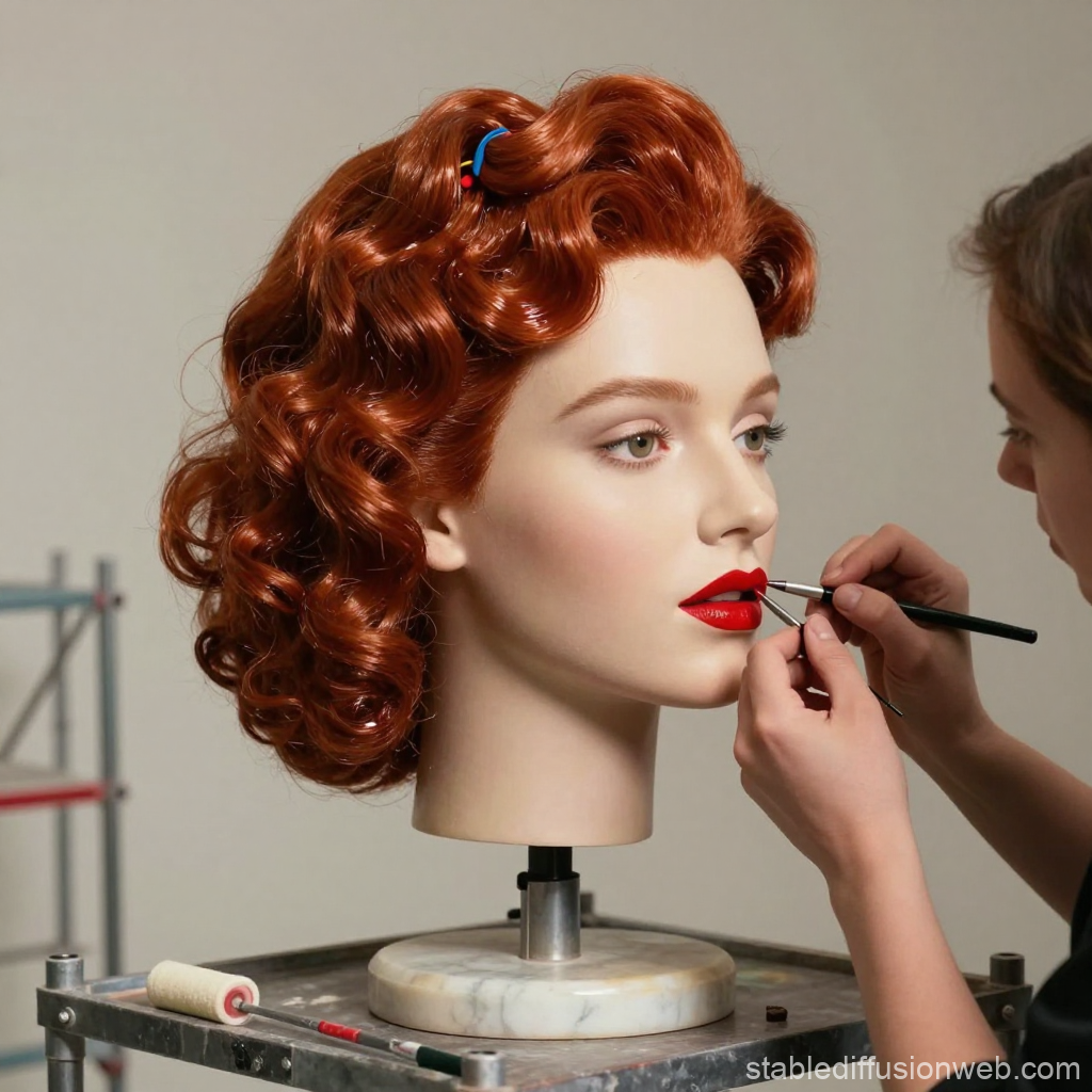 Realistic Red-Haired Mannequin Head with Makeup Artist