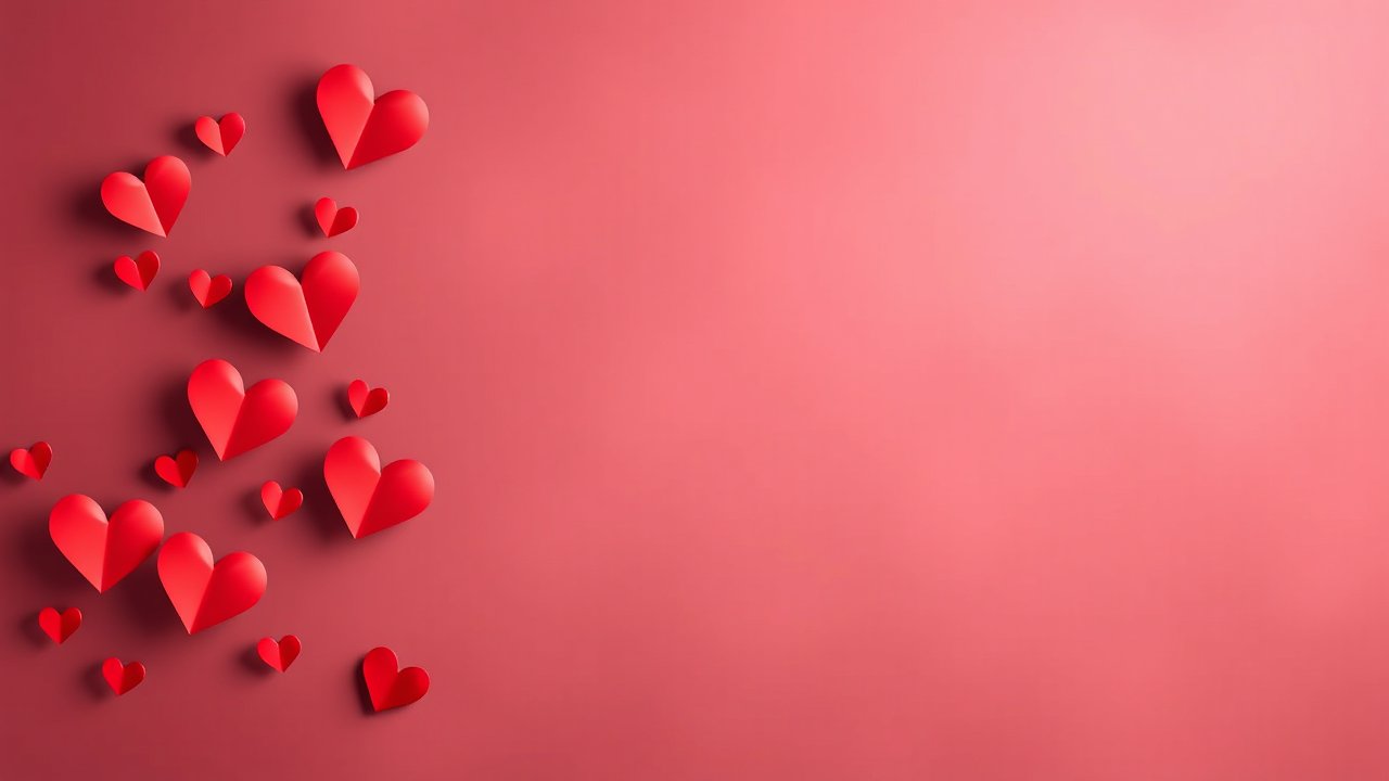 Realistic Red Paper Hearts on Pink Background for Valentine's Day
