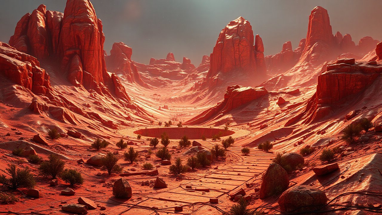 Realistic Red Rocky Desert Landscape with Circular Pit