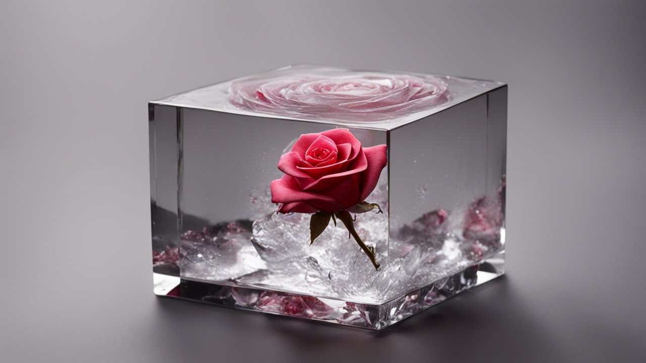 Realistic Rose Encased in Crystal Cube