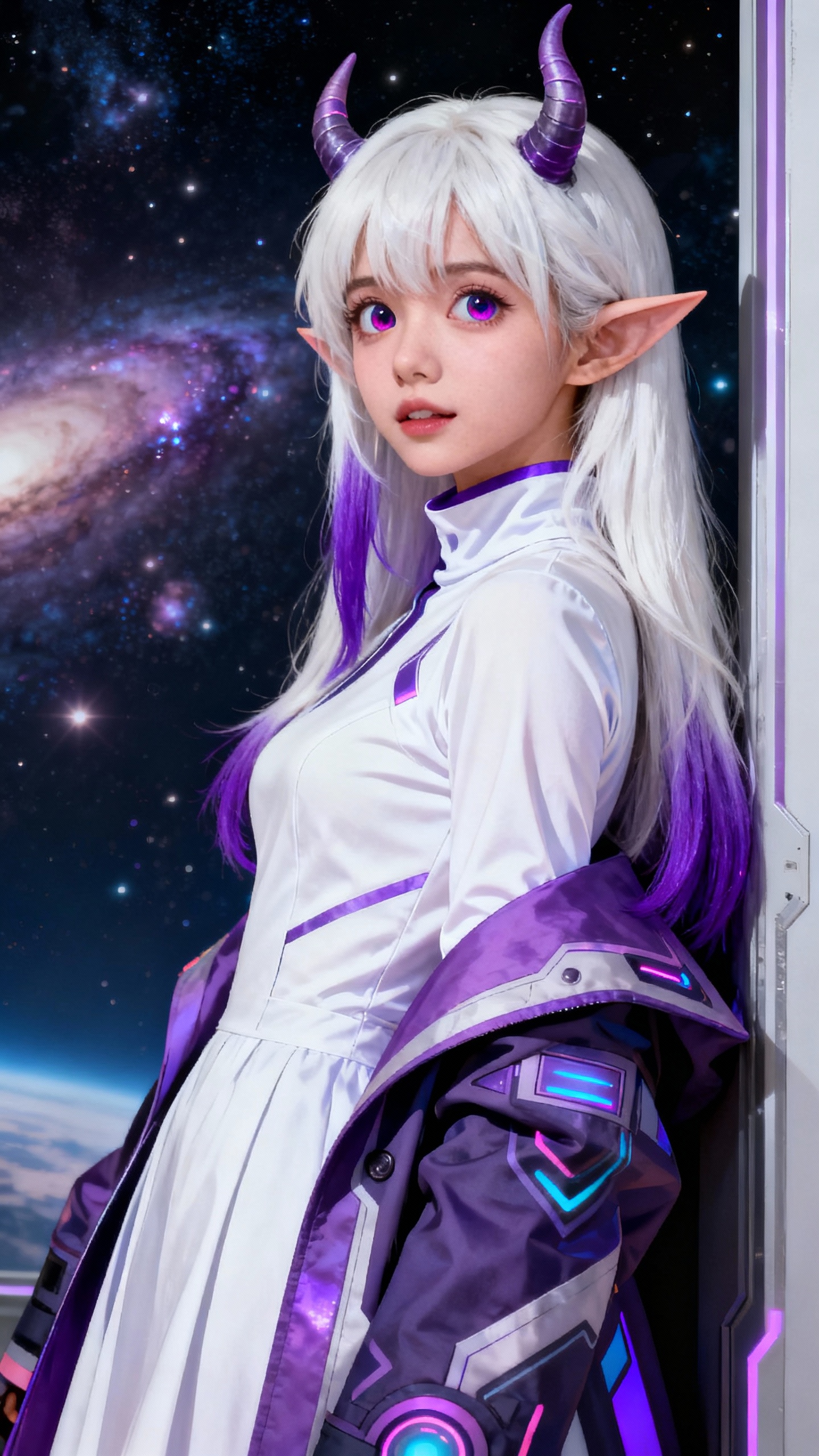 Realistic Sci-Fi Portrait of a Purple-Horned Elf in Space