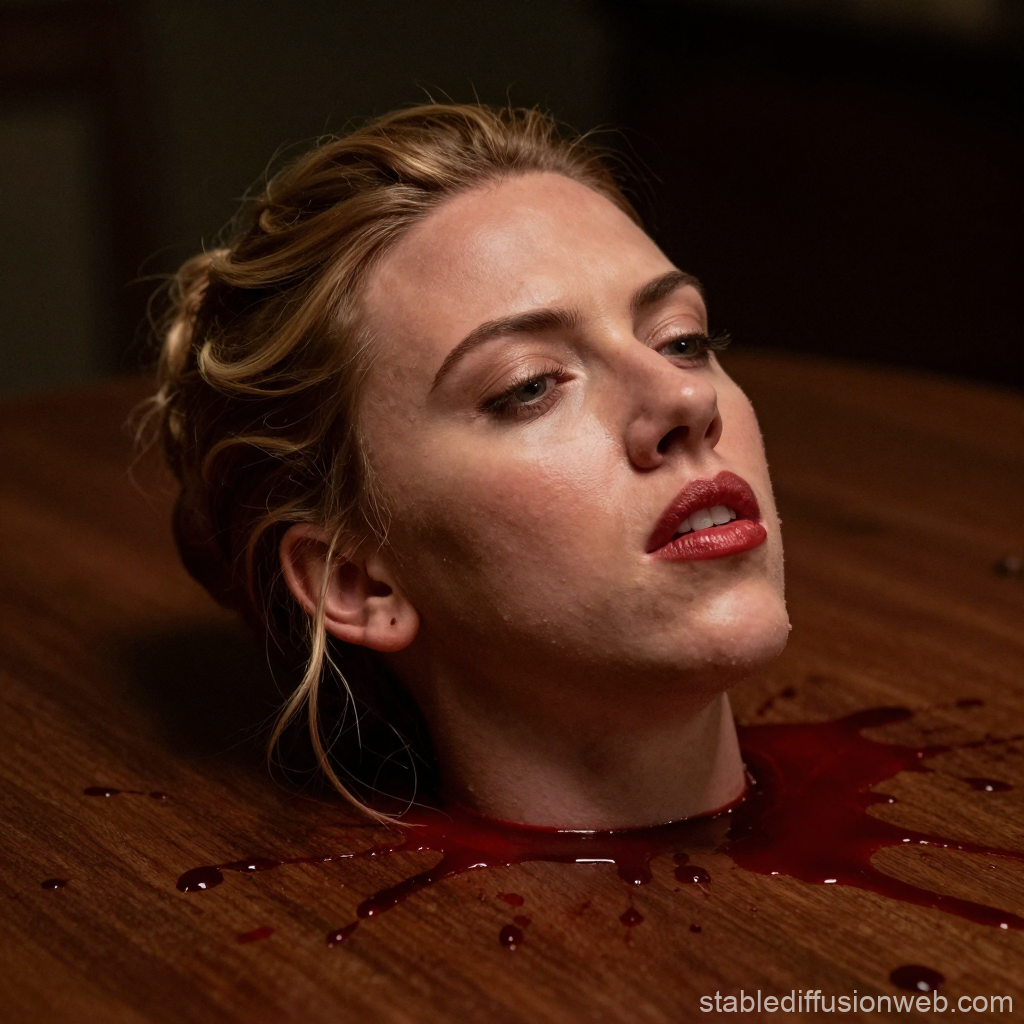 Realistic Severed Head on Wooden Surface with Blood