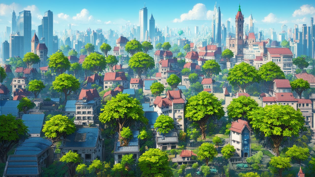Realistic Solarpunk Mega City with Green Urban Integration