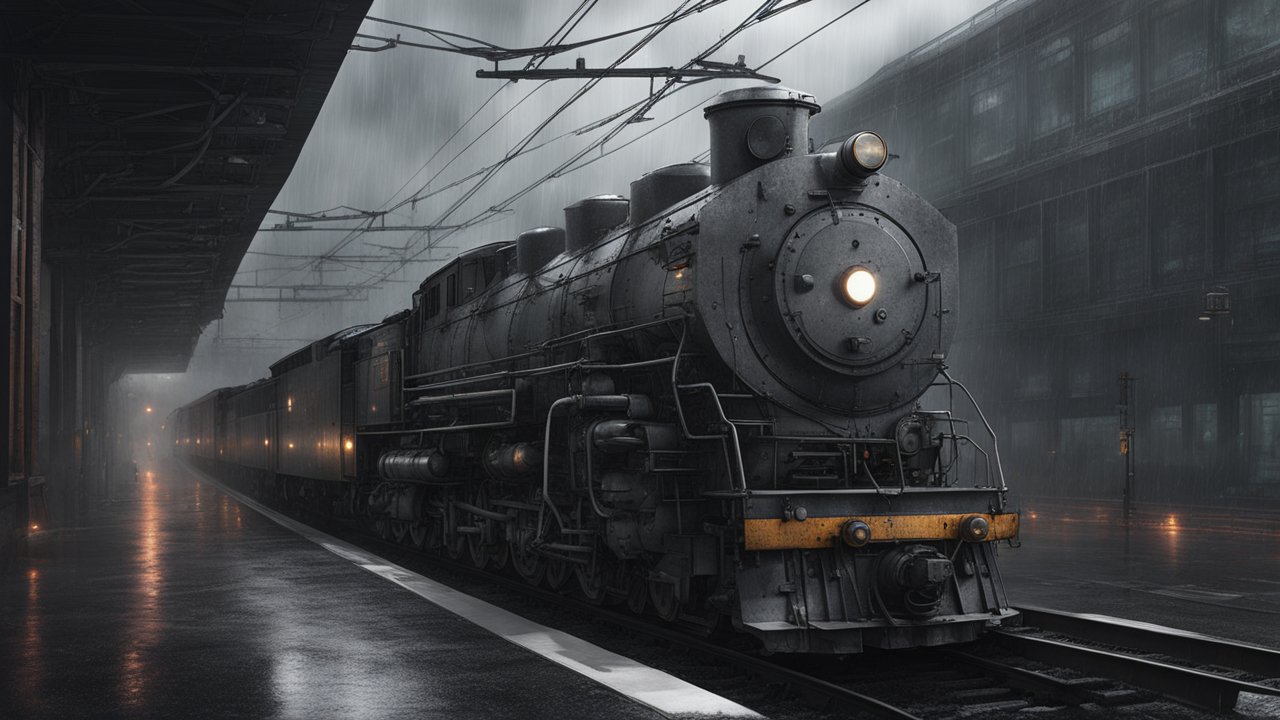 Realistic Steam Locomotive in Rainy Train Station