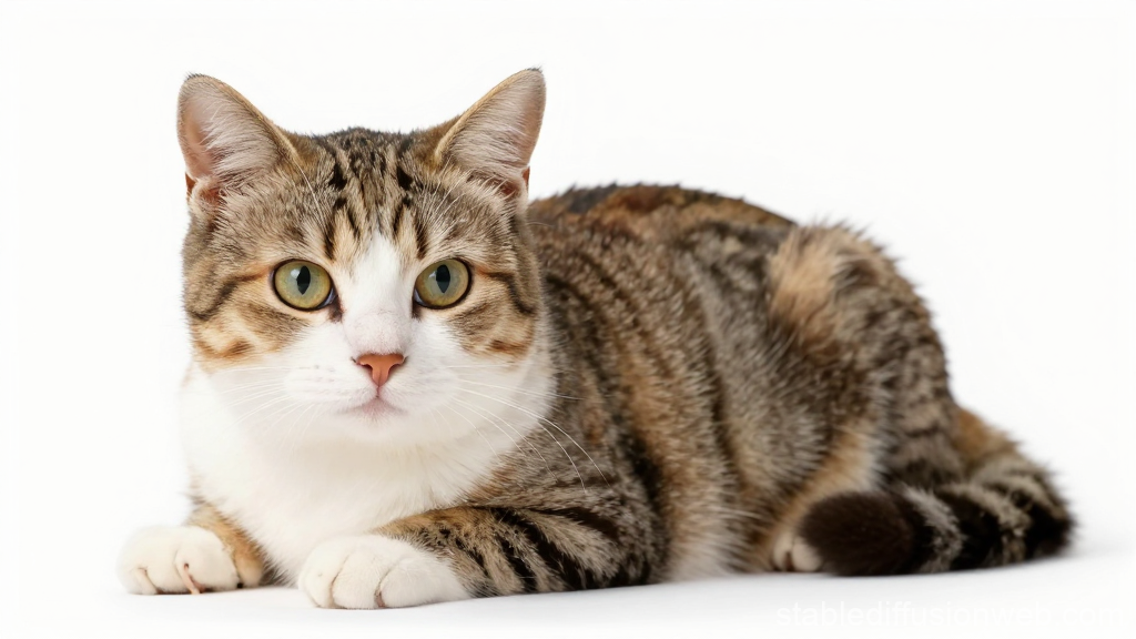 Realistic Tabby Cat Lying Down on White Background