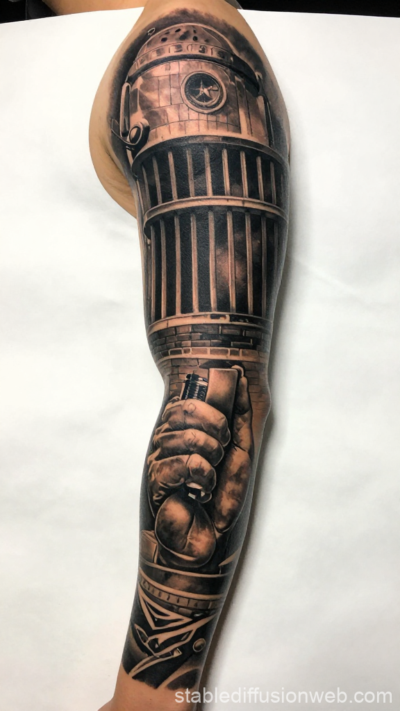 Realistic Tattoo of a Jail Building and Handcuffed Hand
