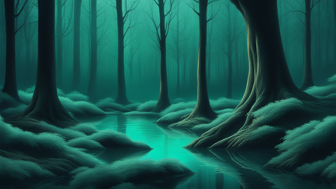 Realistic Teal Forest with Reflective Stream