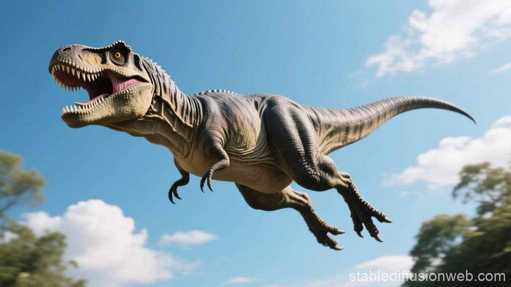 Realistic Tyrannosaurus Rex Leaping in Blue Sky