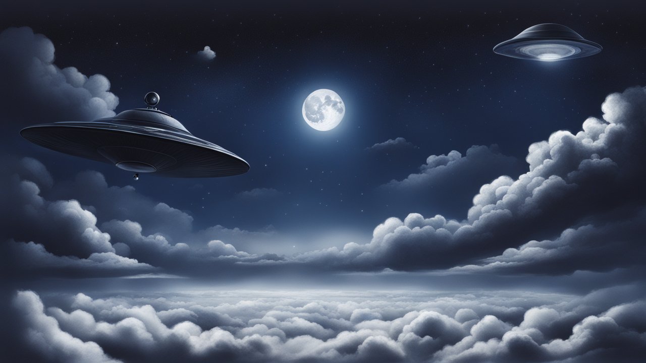 Realistic UFOs Hovering Over Cloudy Night Sky with Full Moon