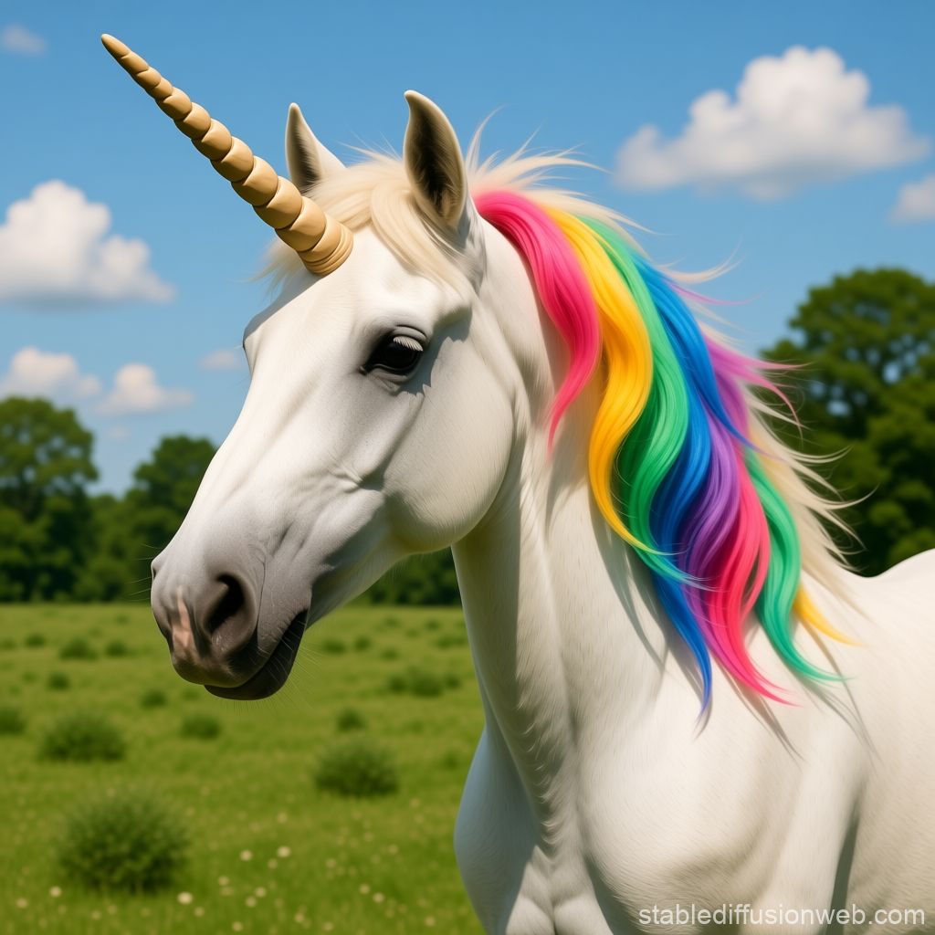 Realistic Unicorn with Rainbow Mane in Sunny Meadow