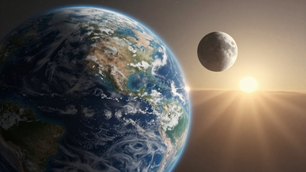 Realistic View of Earth, Moon, and Sun in Space