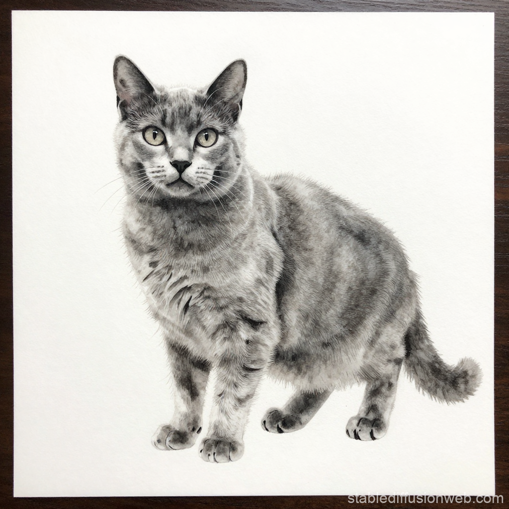 Realistic Watercolor Painting of a Gray Tabby Cat