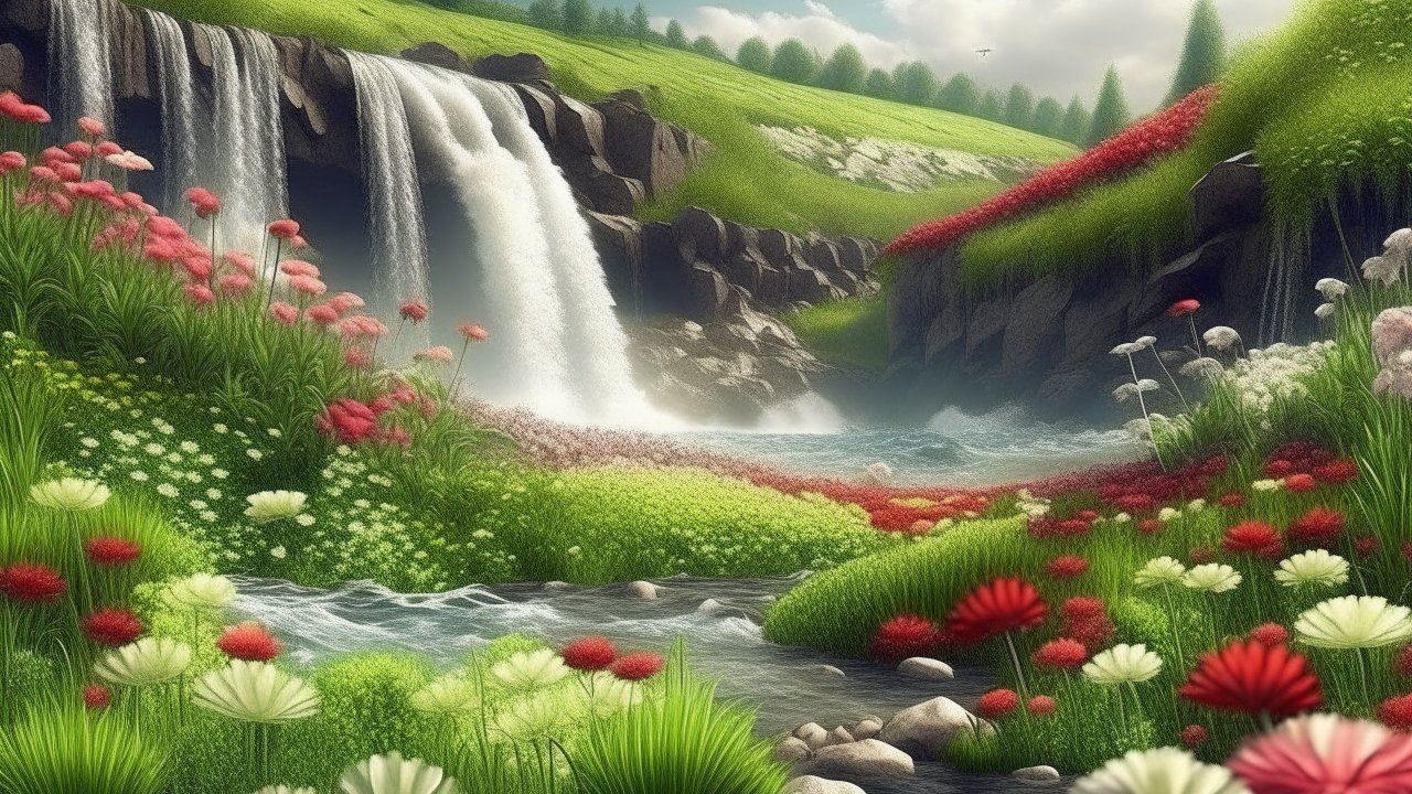 Realistic Waterfall and Flower Meadow Landscape
