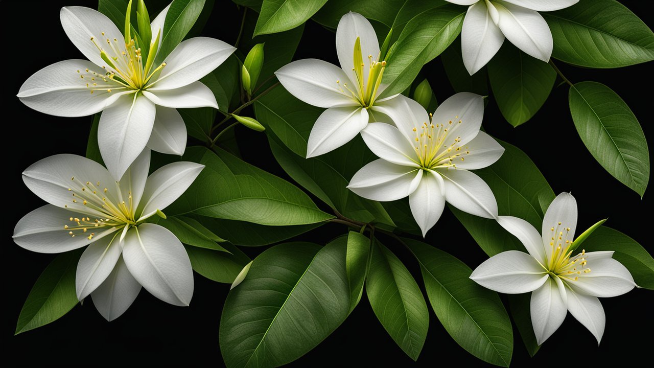 Realistic White Mango Flowers with Green Leaves on Black Background