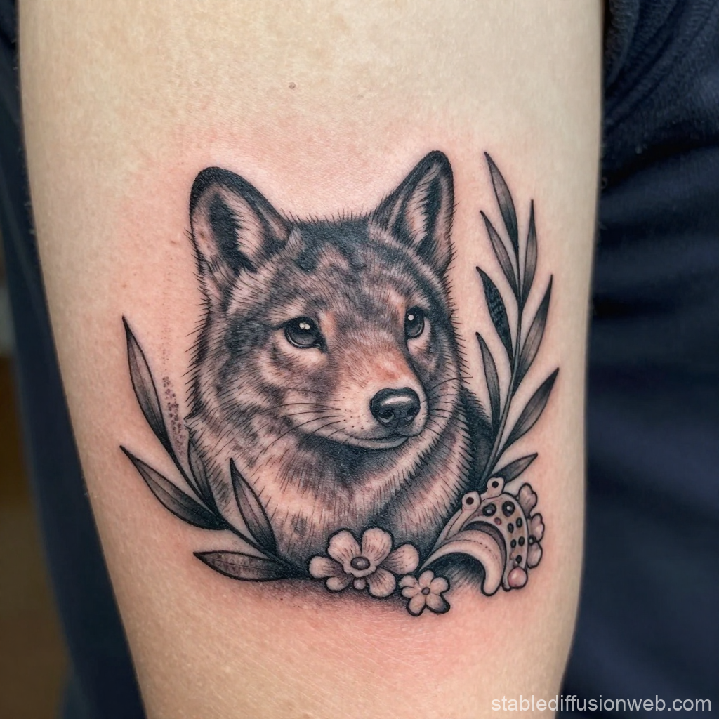 Realistic Wolf Tattoo with Floral Accents