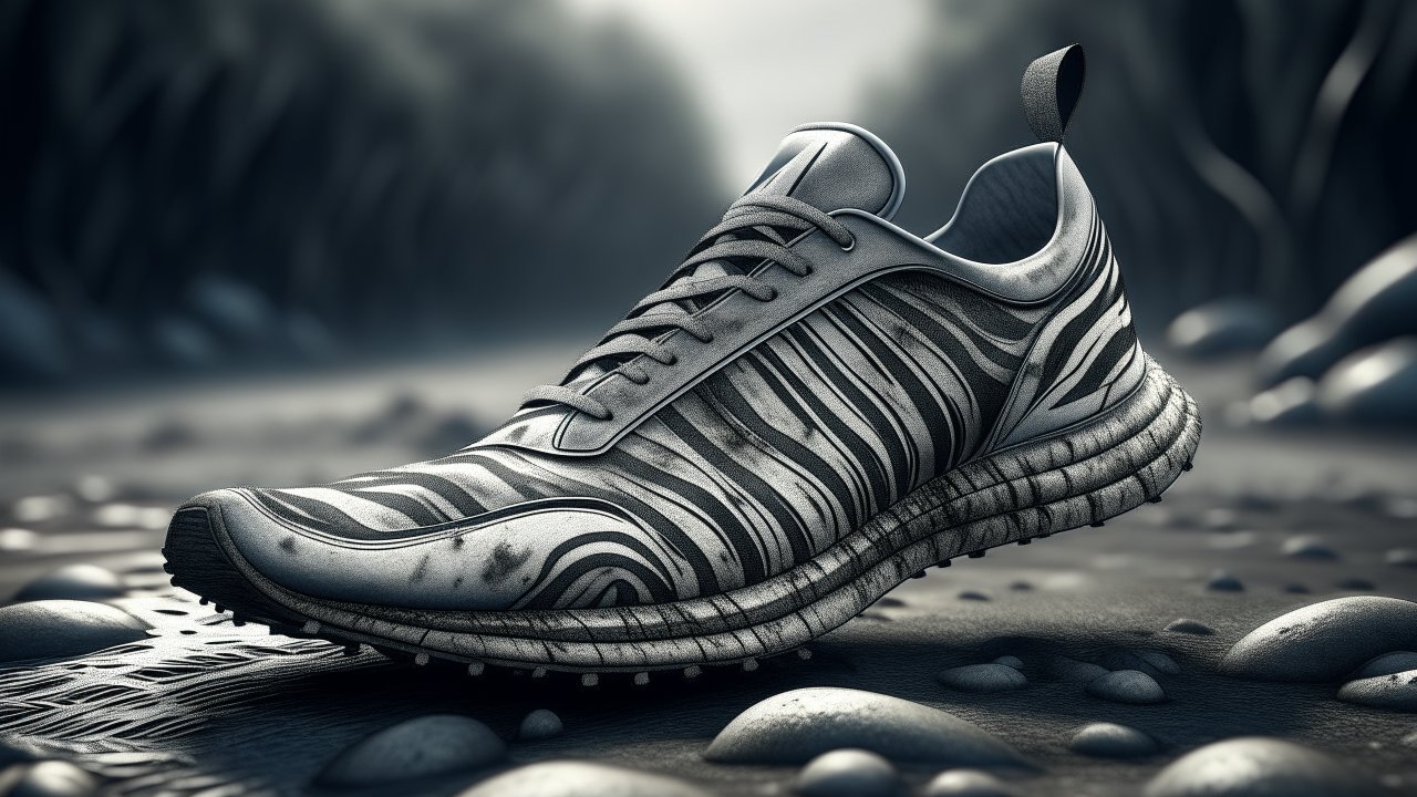 Realistic Zebra-Patterned Running Shoe on Rocky Ground