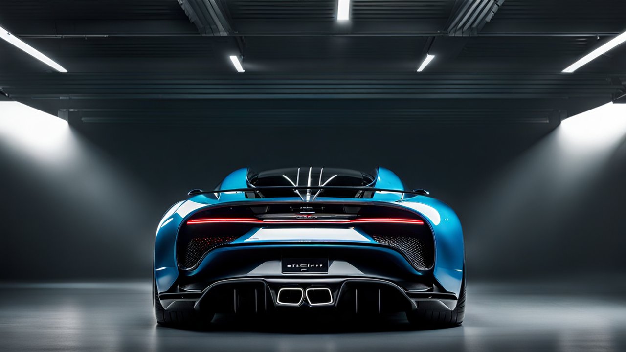 Rear View of Blue Bugatti Chiron in Modern Garage