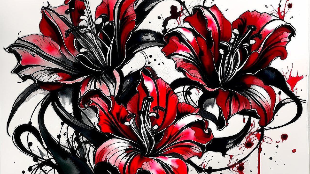 Red and Black Watercolor Lilies Tattoo Design