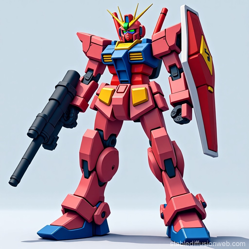 Red and Blue Mecha Robot with Shield and Gun