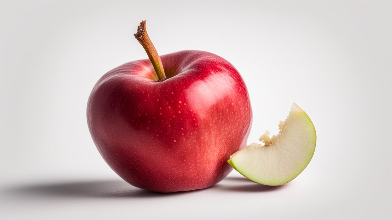 Red Apple with a Bite and Slice on White Background