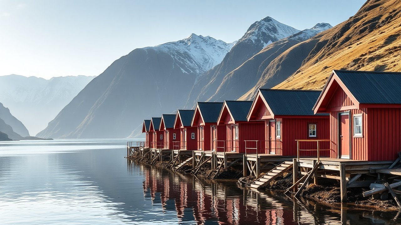 Red Cabins by Tranquil Fjord with Snowy Mountains