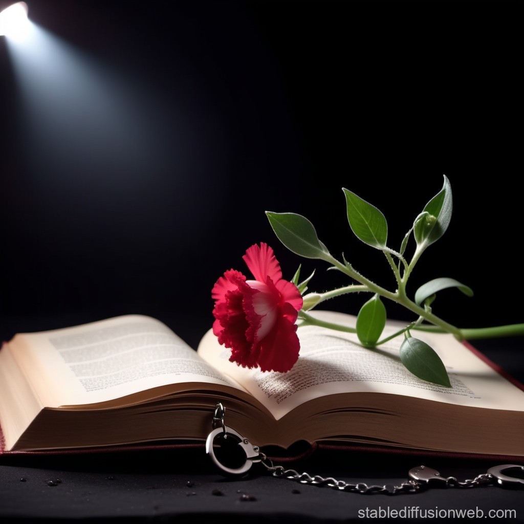 Red Carnation on Open Book with Handcuffs in Spotlight