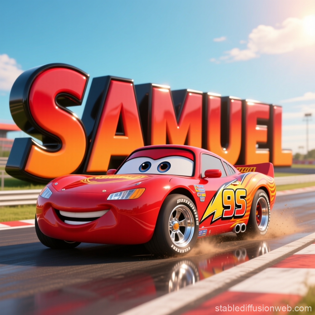 Red Cartoon Race Car with 'SAMUEL' in Bold Letters