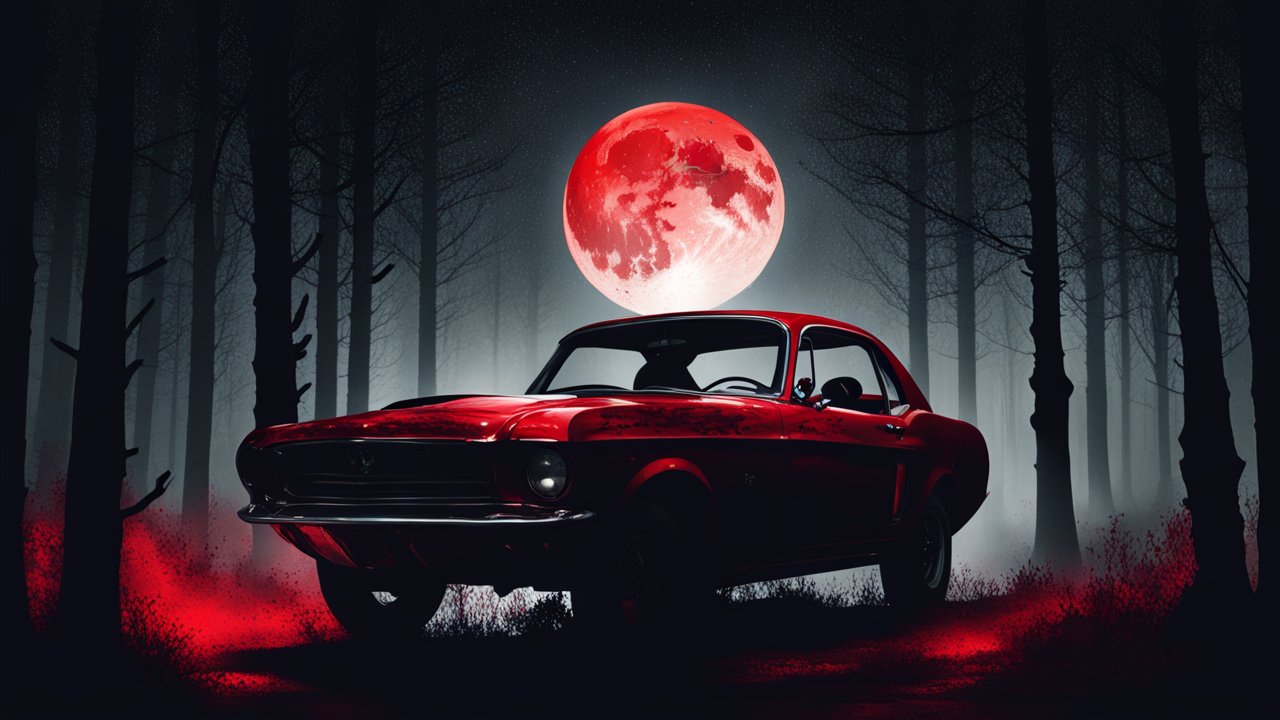 Red Classic Car Under a Blood Moon in a Dark Forest
