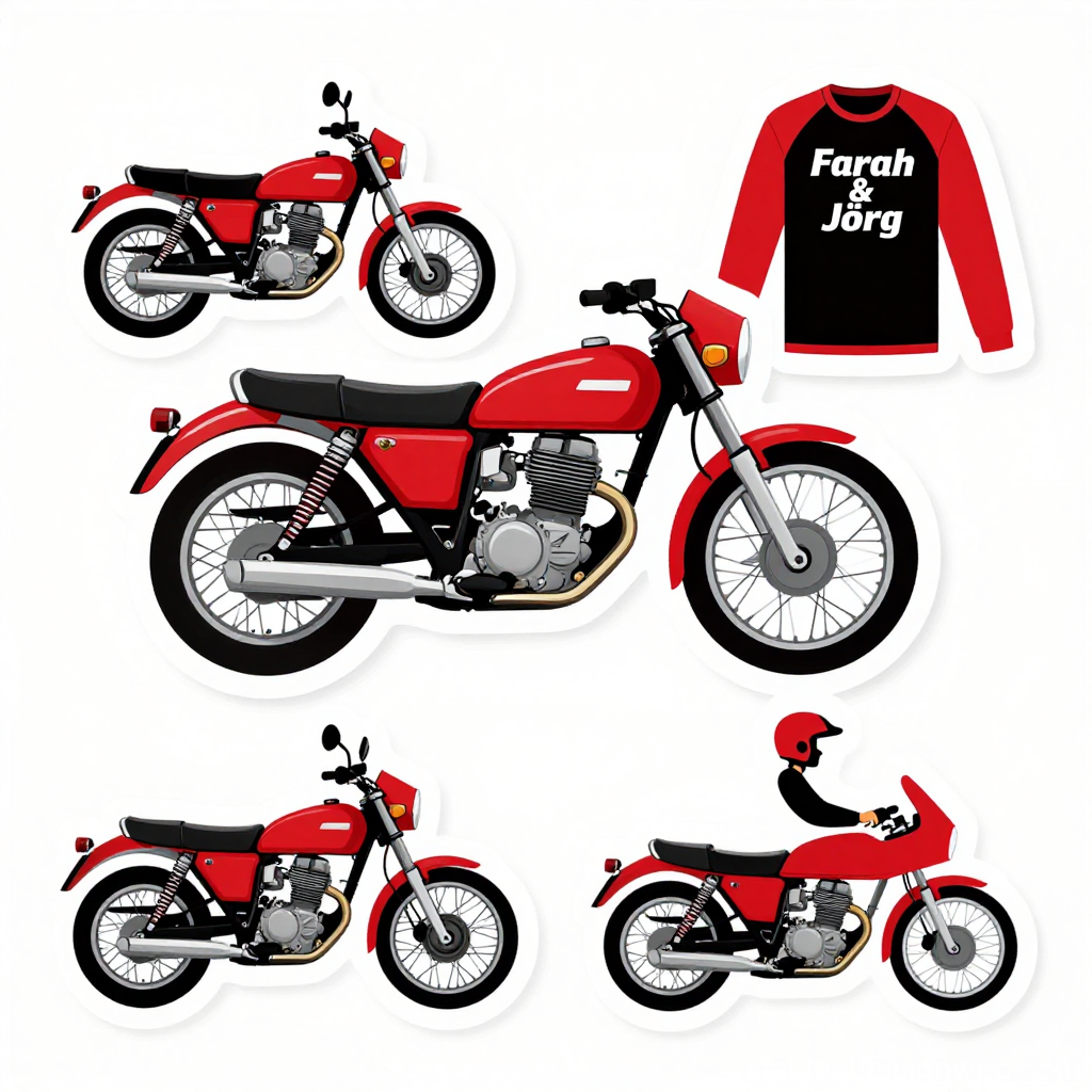 Red Classic Motorcycles and Rider Illustration Set