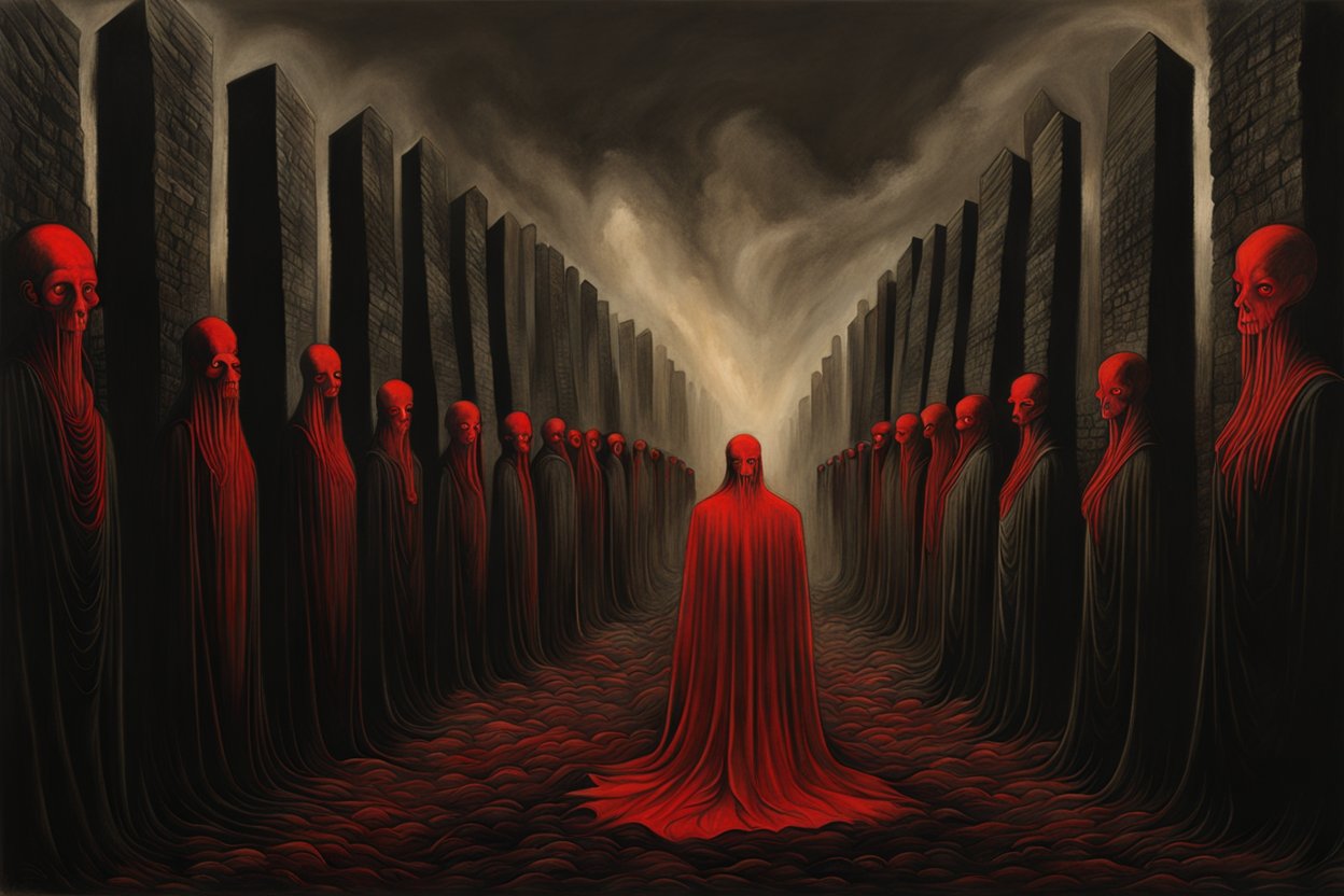 Red Cloaked Figures in a Dark, Surreal Corridor