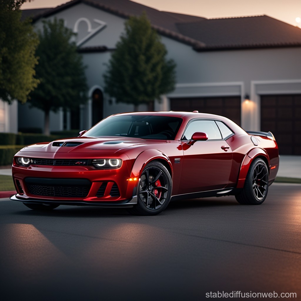 Red Dodge Challenger SRT Hellcat Widebody Parked in Suburban Driveway