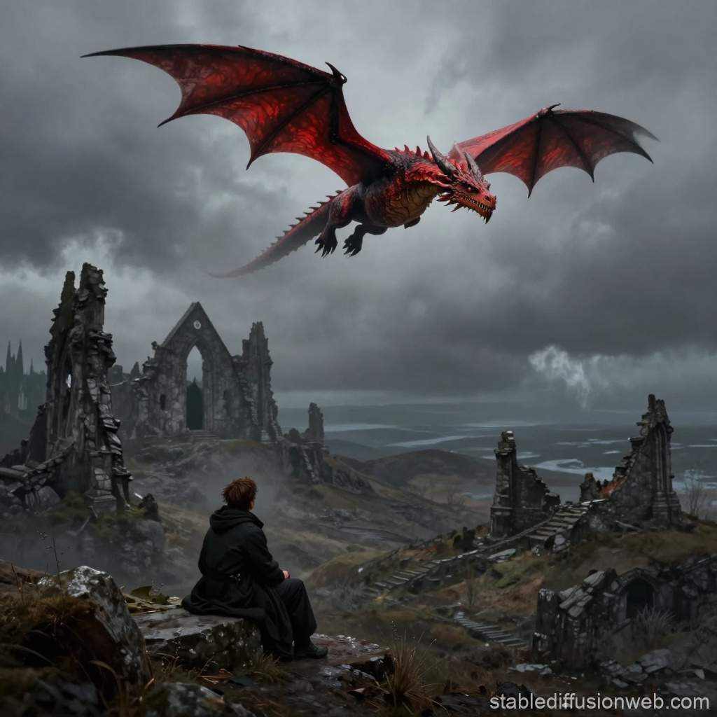 Red Dragon Soars Over Ruined Hills at Dusk